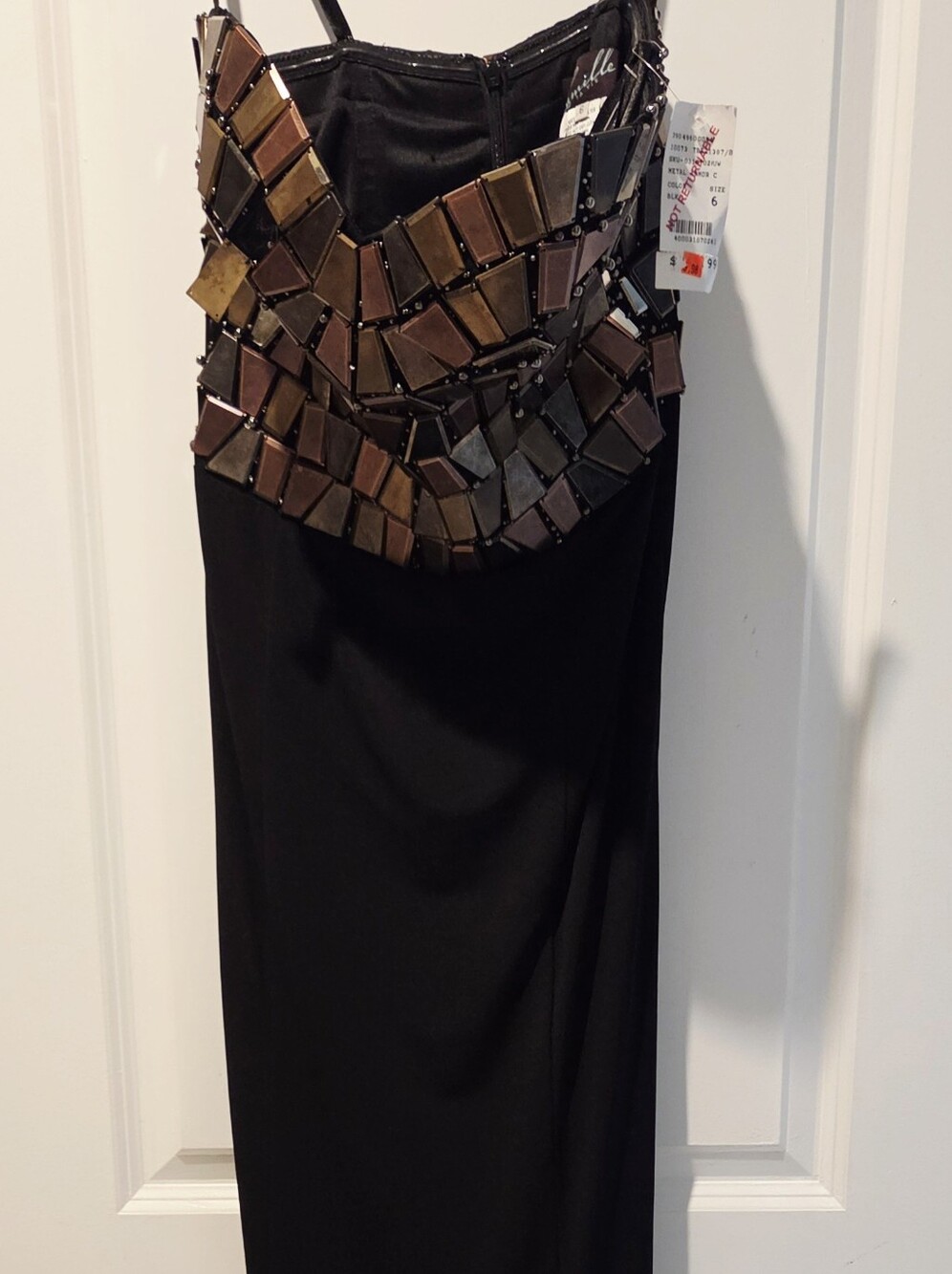 Women's Black Evening Dress with Metallic Embellished Bodice